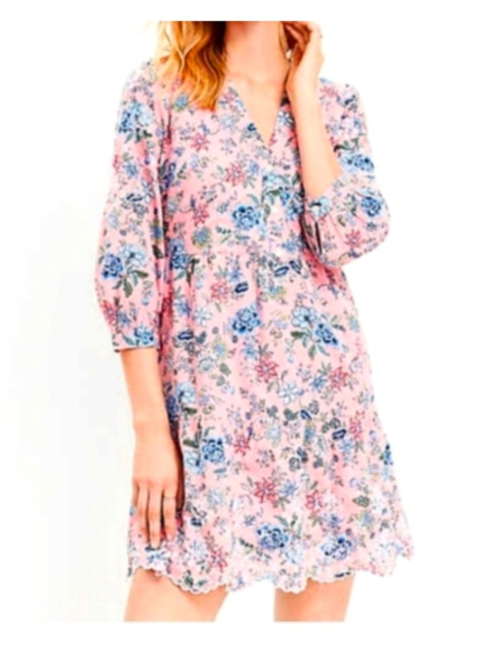 Loft Garden Floral Scalloped Lace Accent 3/4 Sleeve Shift Dress Size 10